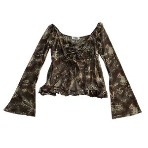 Good Days Bell Sleeve Brown Paisley Ruffle Crop Top L Boho Fairy Whimsigoth